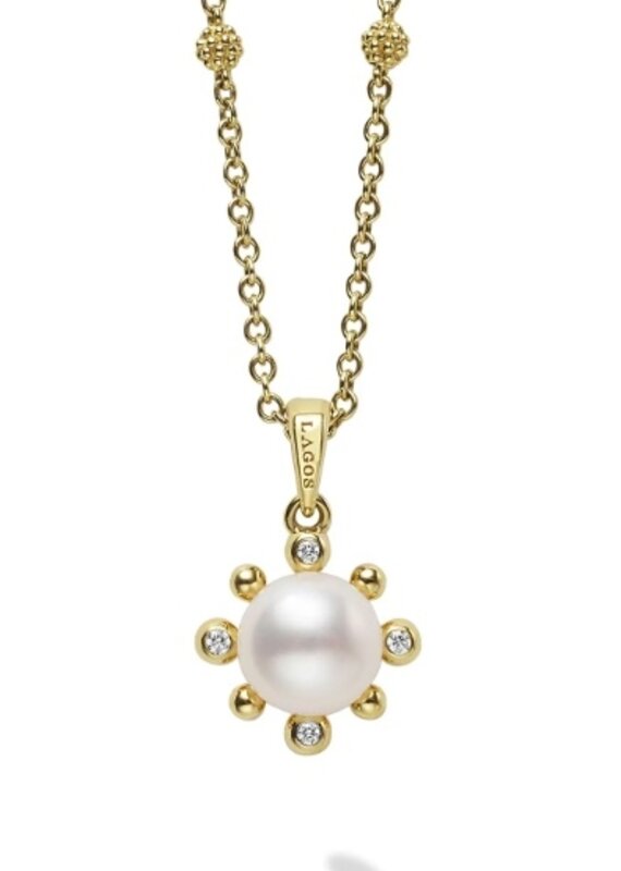 LAGOS Luna 18K Gold Fleur Pearl Diamond Pendant Necklace