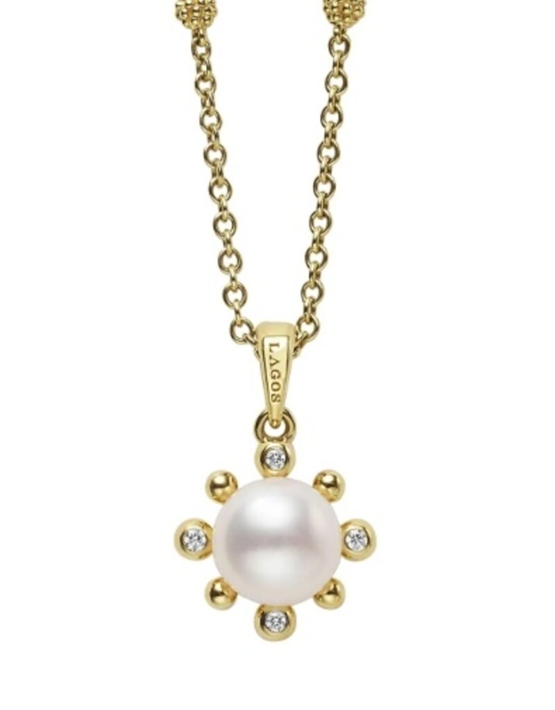 LAGOS Luna 18K Gold Fleur Pearl Diamond Pendant Necklace
