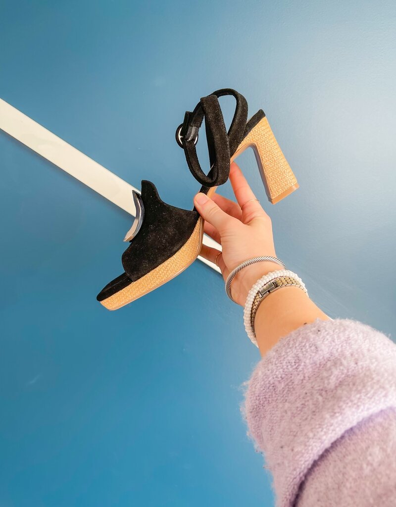 J.HOFFMAN'S Marty Heeled Sandal - Blk/Raffia