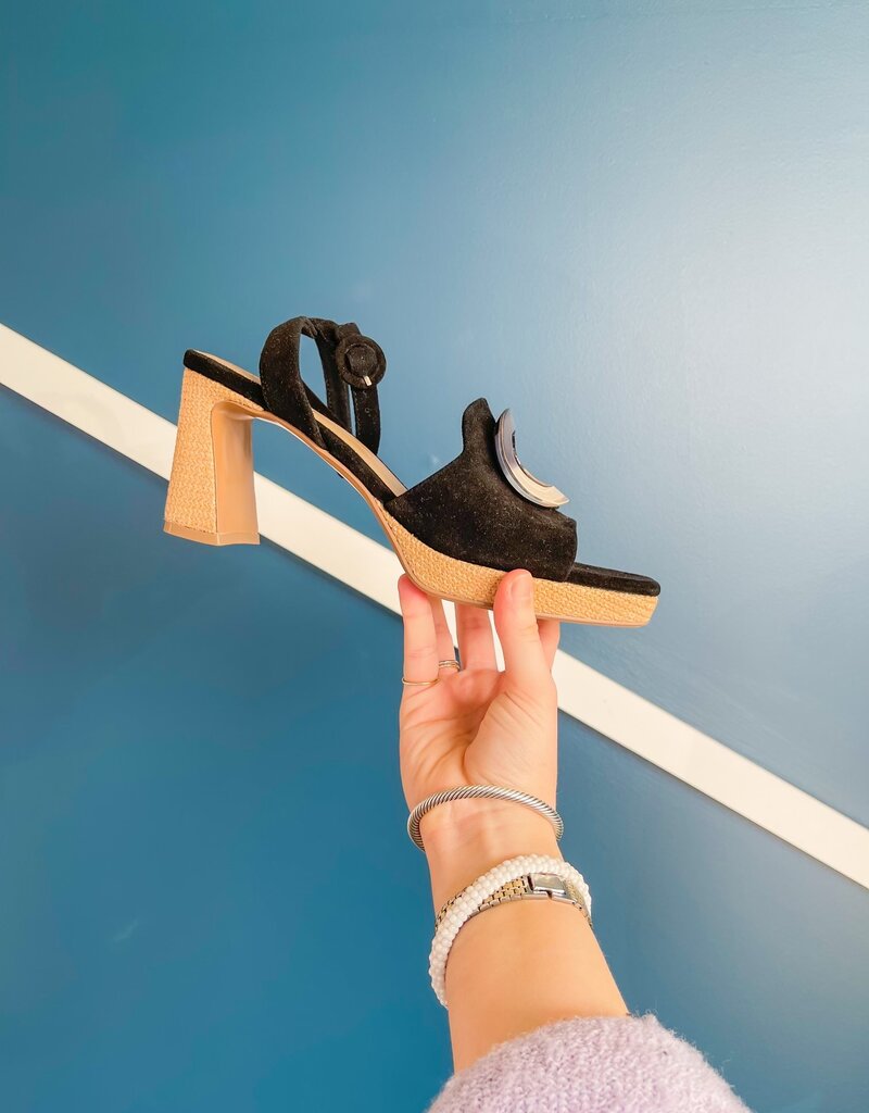 J.HOFFMAN'S Marty Heeled Sandal - Blk/Raffia