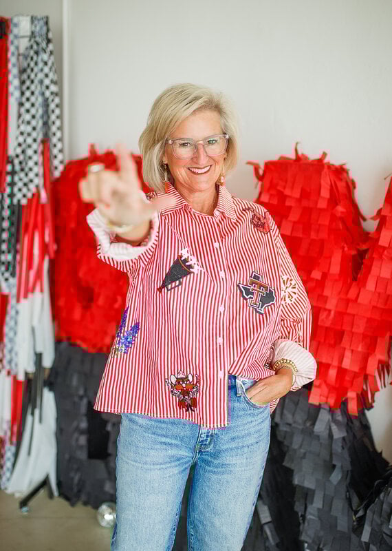 J.HOFFMAN'S Queen of Sparkles Texas Tech Striped Icon Button Down