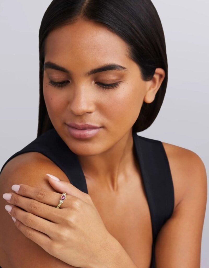 LAGOS 18K Gold and Rhodolite Garnet Caviar Beaded Diamond Ring