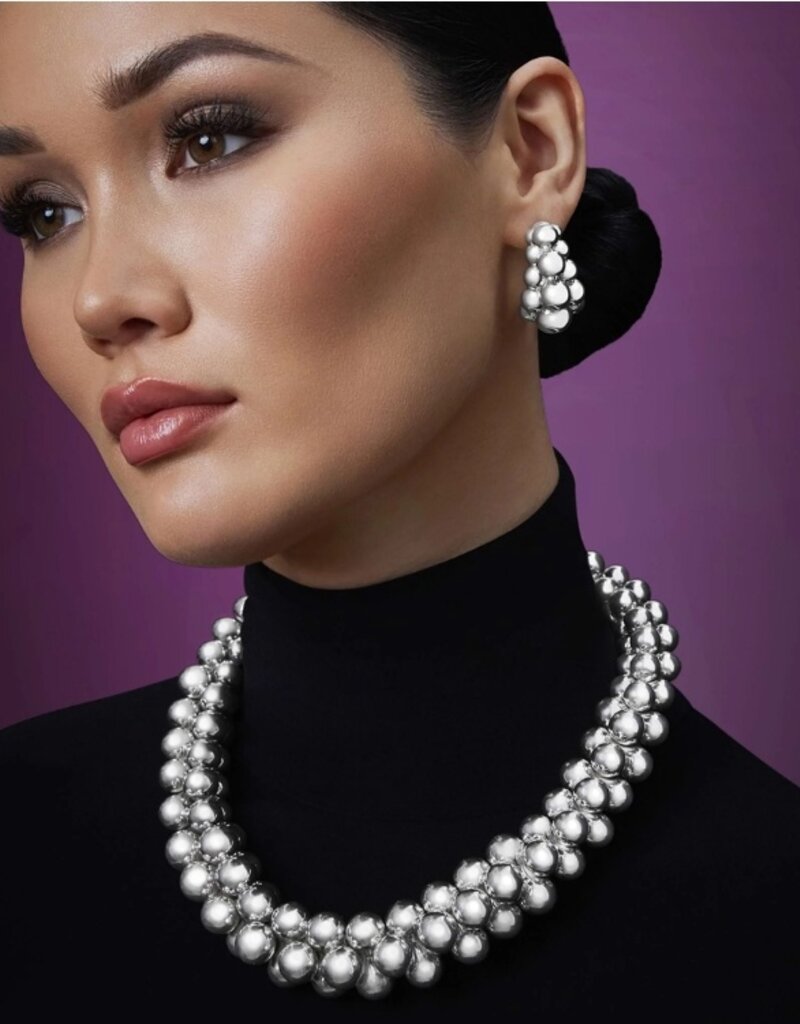 LAGOS Caviar Bubbly Silver Three Row Beaded Hoop Earrings