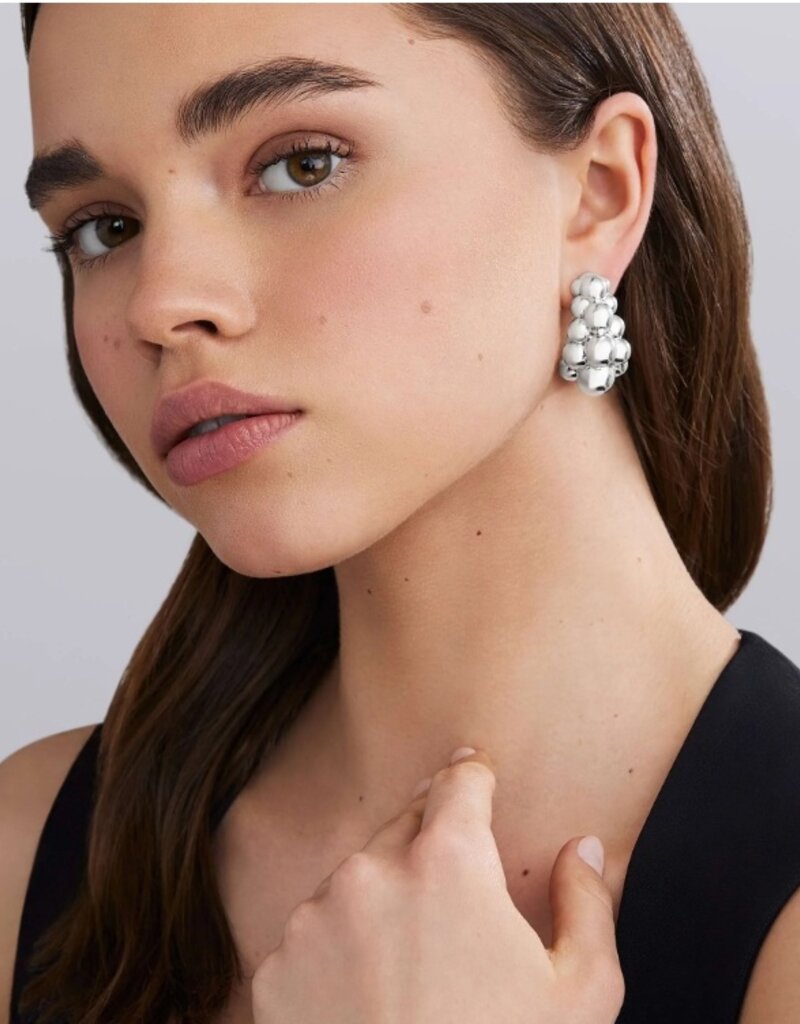 LAGOS Caviar Bubbly Silver Three Row Beaded Hoop Earrings