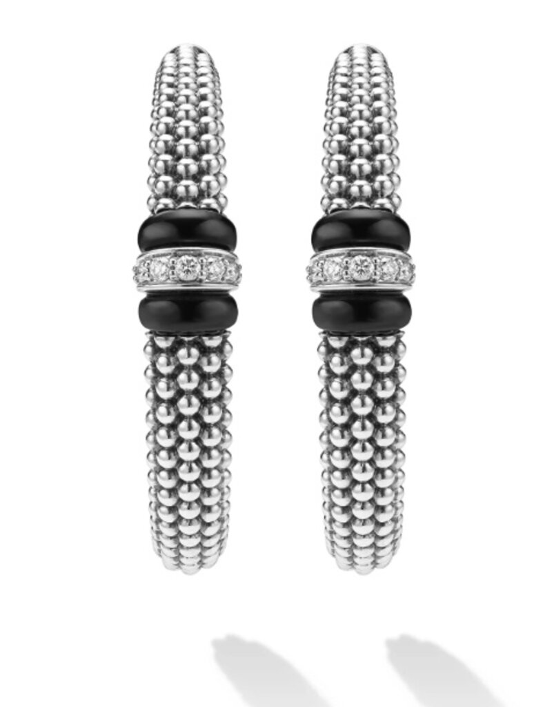 LAGOS Signature Caviar Large Black Ceramic Caviar Diamond Hoop Earrings