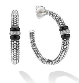 LAGOS Signature Caviar Large Black Ceramic Caviar Diamond Hoop Earrings