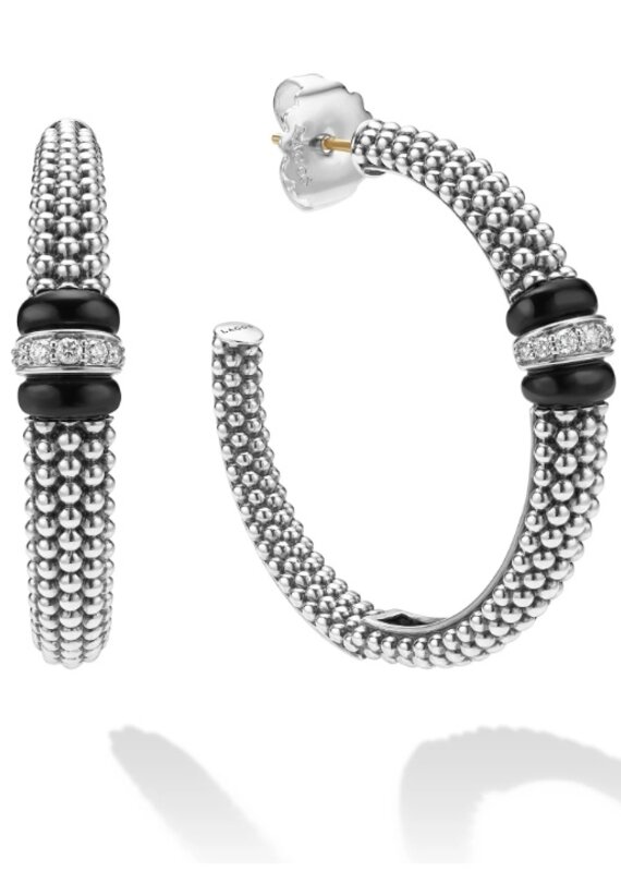 LAGOS Signature Caviar Large Black Ceramic Caviar Diamond Hoop Earrings