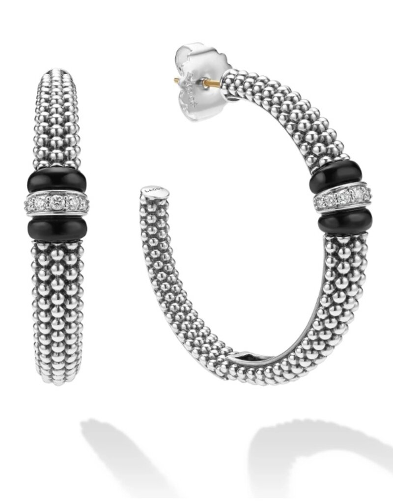 LAGOS Signature Caviar Large Black Ceramic Caviar Diamond Hoop Earrings