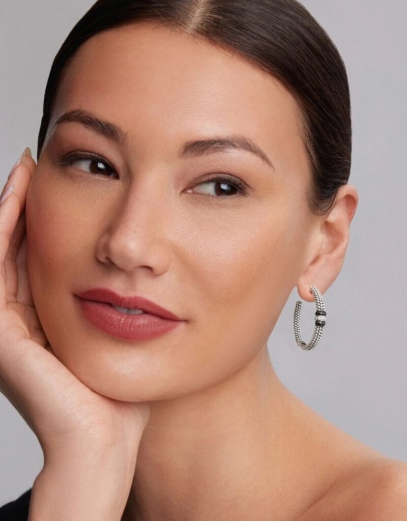 LAGOS Signature Caviar Large Black Ceramic Caviar Diamond Hoop Earrings