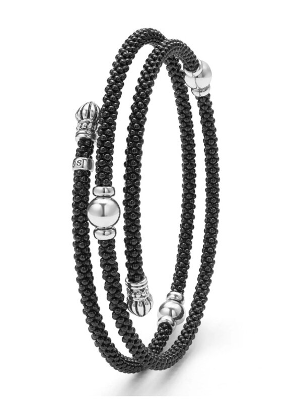 LAGOS Black Caviar Black Ceramic Beaded Silver Station Double Wrap Bracelet