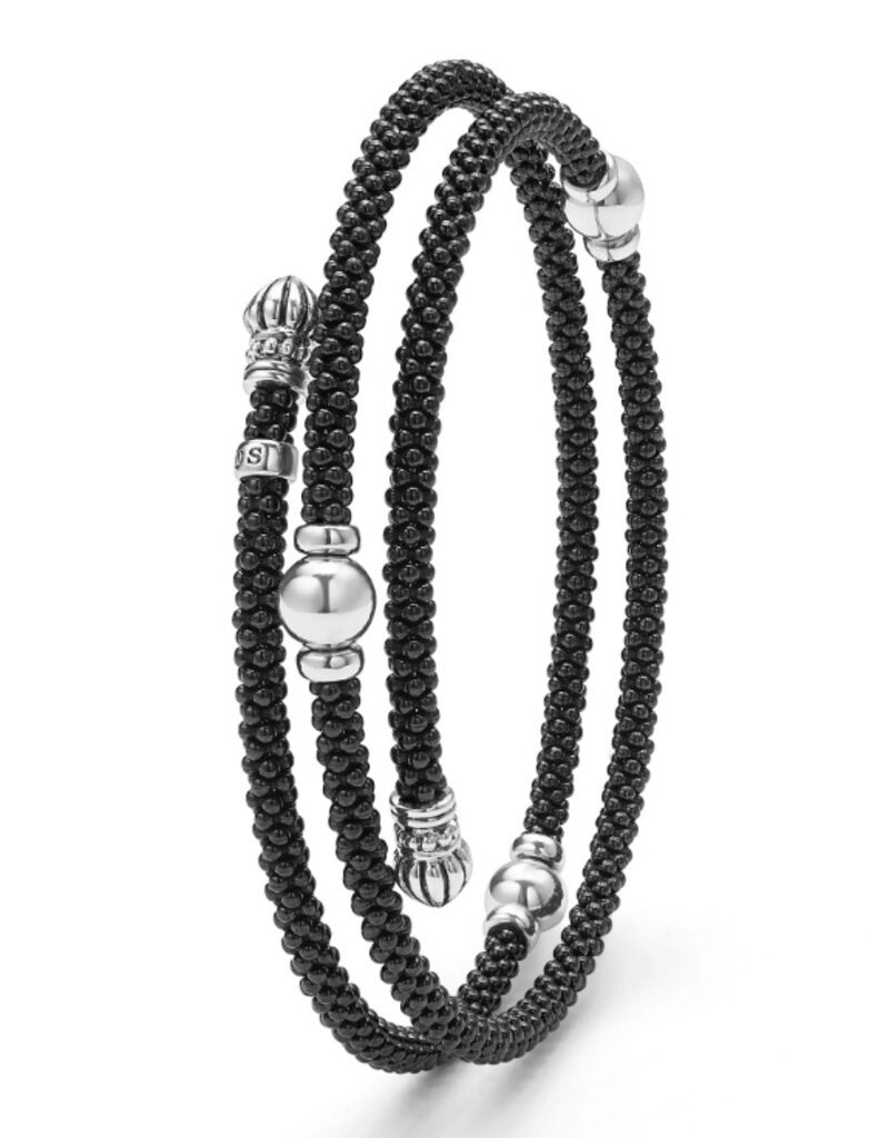 LAGOS Black Caviar Black Ceramic Beaded Silver Station Double Wrap Bracelet