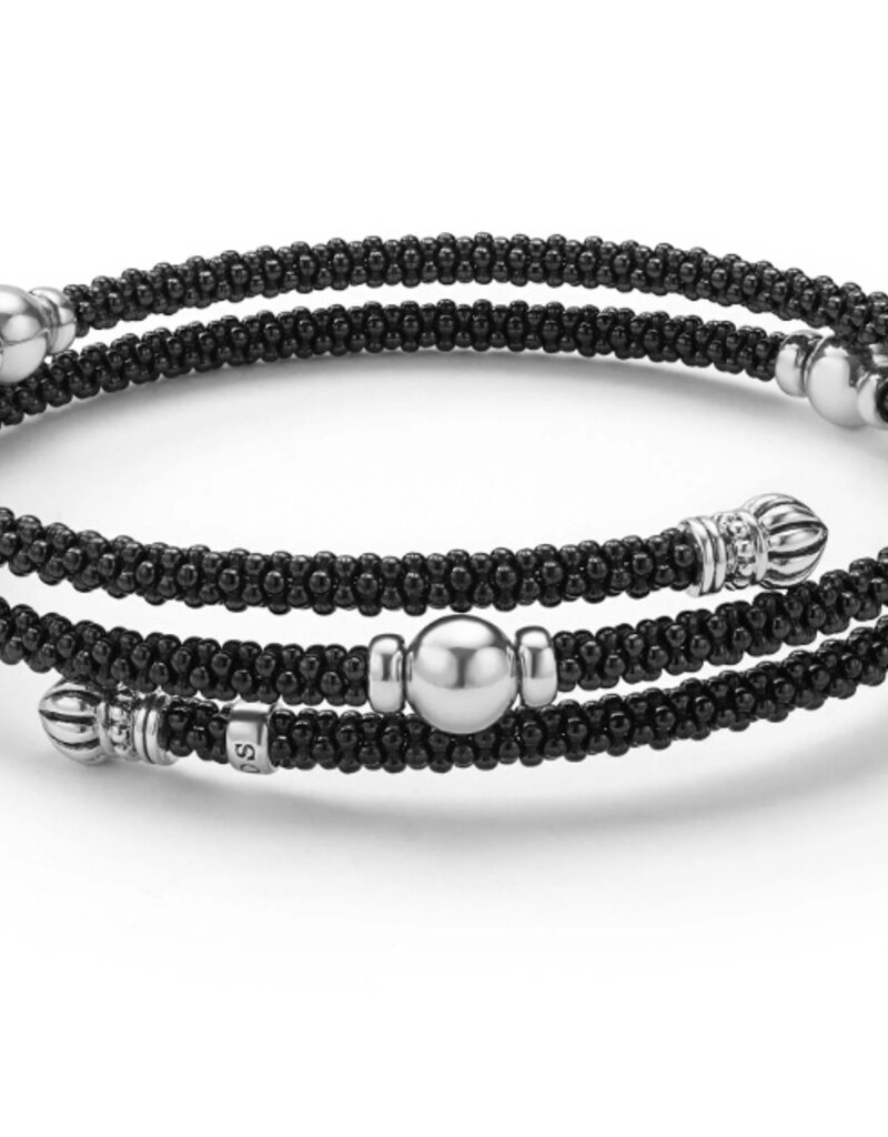 LAGOS Black Caviar Black Ceramic Beaded Silver Station Double Wrap Bracelet