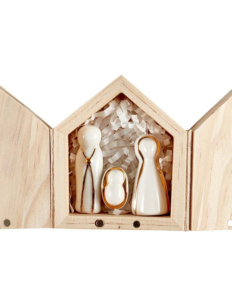 J.HOFFMAN'S Ceramic Figurines Pine Wood Box- Holy Family