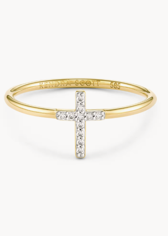 KENDRA SCOTT Cross 14k Yellow Gold Band Ring in White Diamond