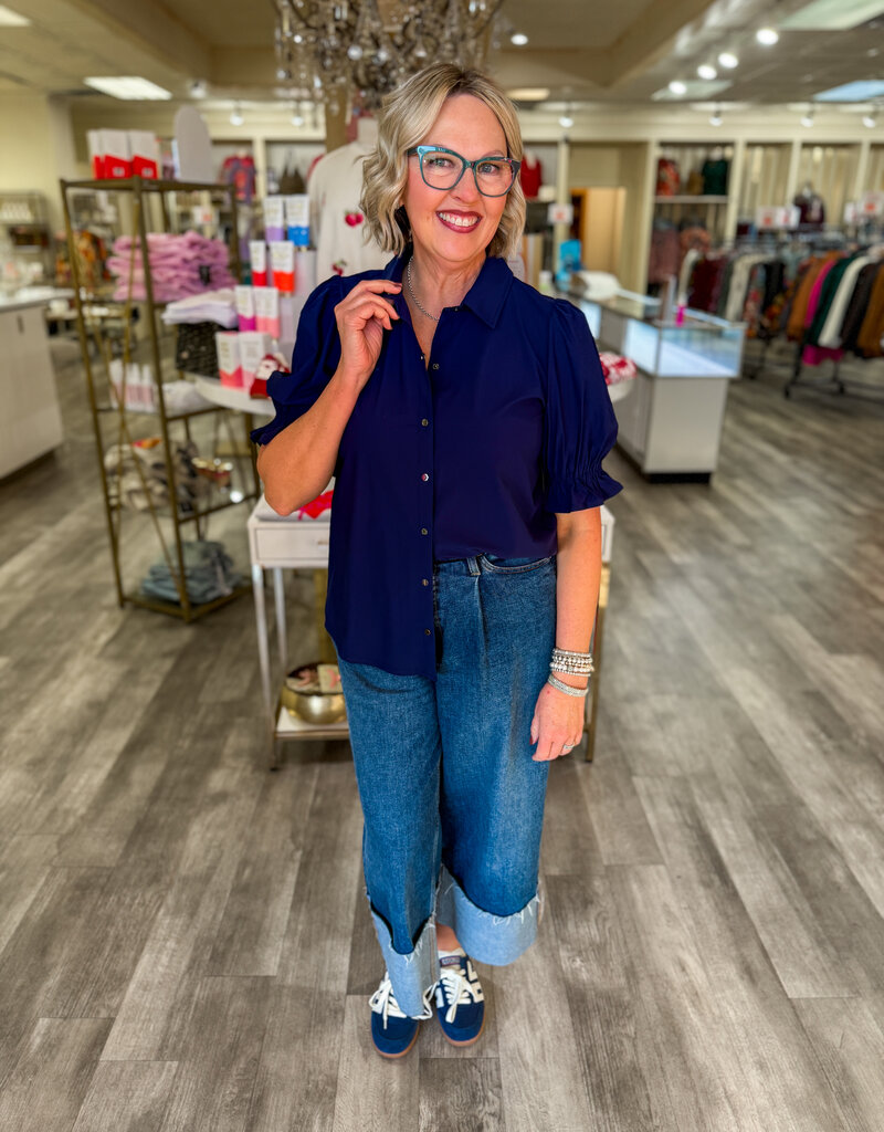 J.HOFFMAN'S Elbow Puff Sleeve Top - Navy