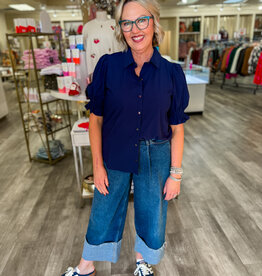 J.HOFFMAN'S Elbow Puff Sleeve Top - Navy