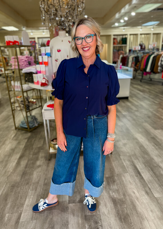 J.HOFFMAN'S Elbow Puff Sleeve Top - Navy