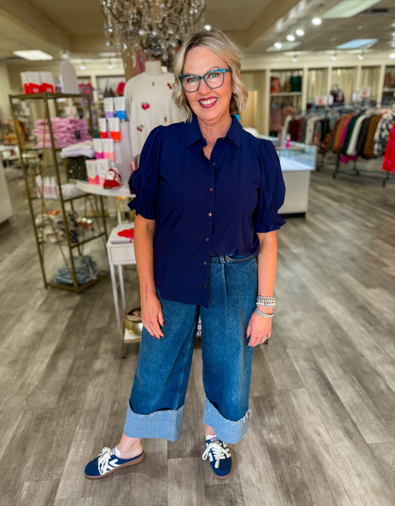 J.HOFFMAN'S Elbow Puff Sleeve Top - Navy