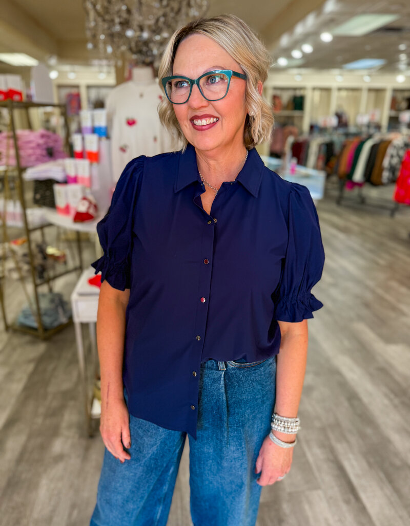 J.HOFFMAN'S Elbow Puff Sleeve Top - Navy