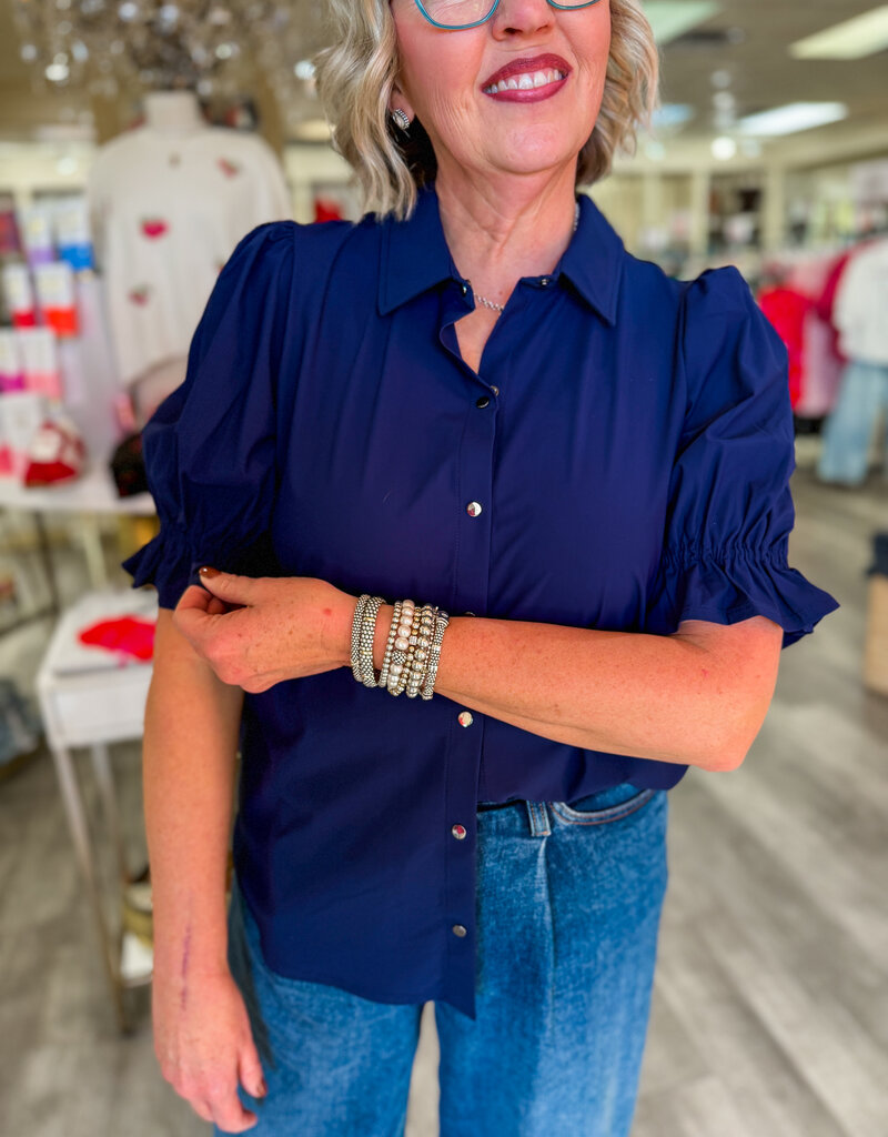 J.HOFFMAN'S Elbow Puff Sleeve Top - Navy