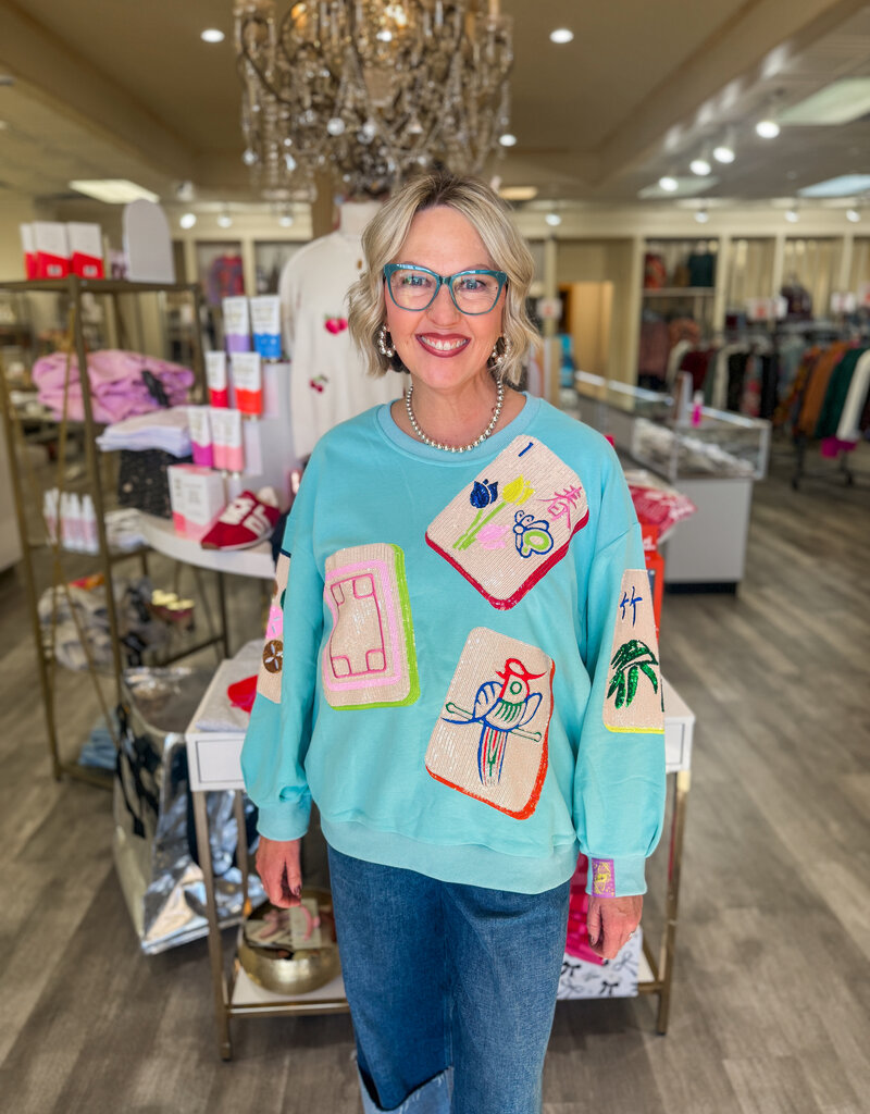 J.HOFFMAN'S Queen of Sparkles Scattered Mahjong Sweatshirt- Aqua
