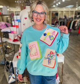 J.HOFFMAN'S Queen of Sparkles Scattered Mahjong Sweatshirt- Aqua