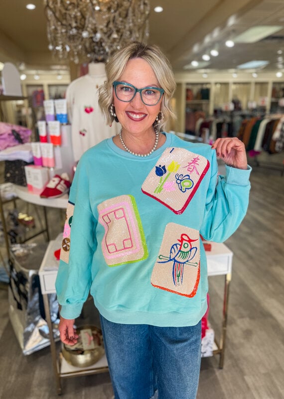 J.HOFFMAN'S Queen of Sparkles Scattered Mahjong Sweatshirt- Aqua