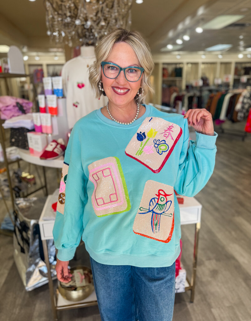 J.HOFFMAN'S Queen of Sparkles Scattered Mahjong Sweatshirt- Aqua