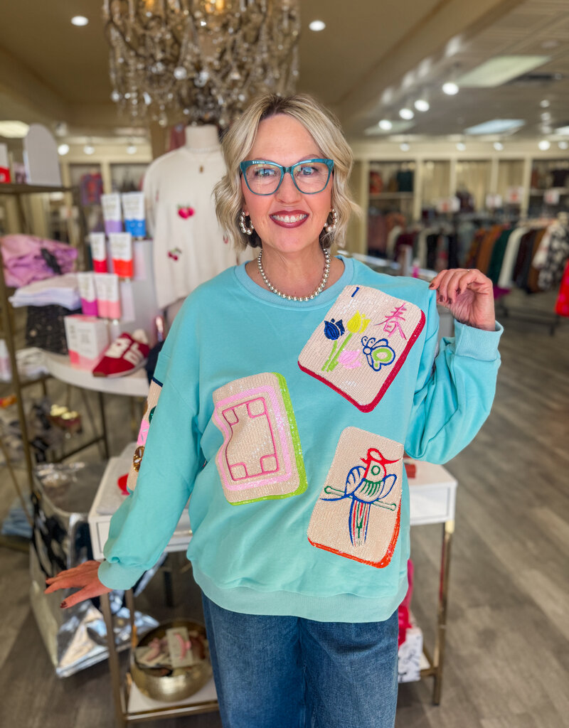 J.HOFFMAN'S Queen of Sparkles Scattered Mahjong Sweatshirt- Aqua