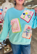 J.HOFFMAN'S Queen of Sparkles Scattered Mahjong Sweatshirt- Aqua