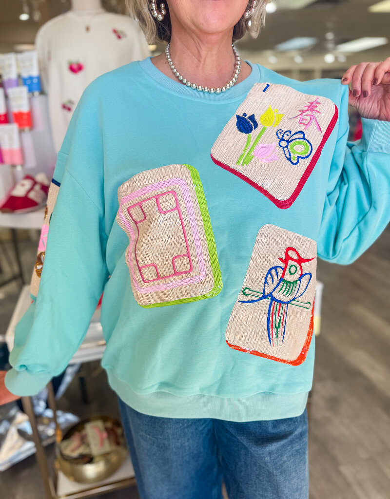 J.HOFFMAN'S Queen of Sparkles Scattered Mahjong Sweatshirt- Aqua