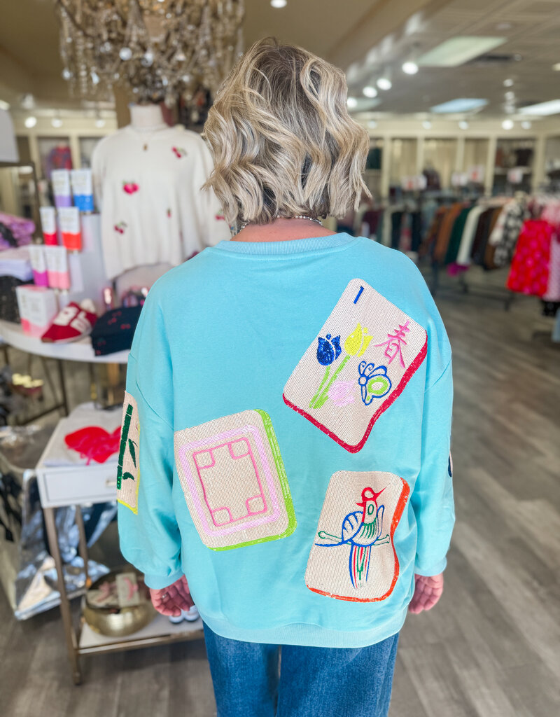 J.HOFFMAN'S Queen of Sparkles Scattered Mahjong Sweatshirt- Aqua