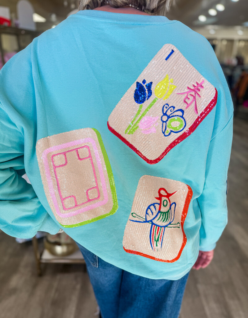 J.HOFFMAN'S Queen of Sparkles Scattered Mahjong Sweatshirt- Aqua