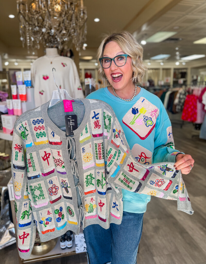 J.HOFFMAN'S Queen of Sparkles Mahjong Tile Tie Sweater