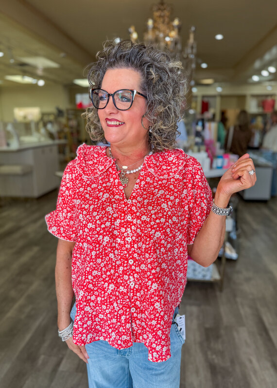 J.HOFFMAN'S Ditsy Poet Top- Red