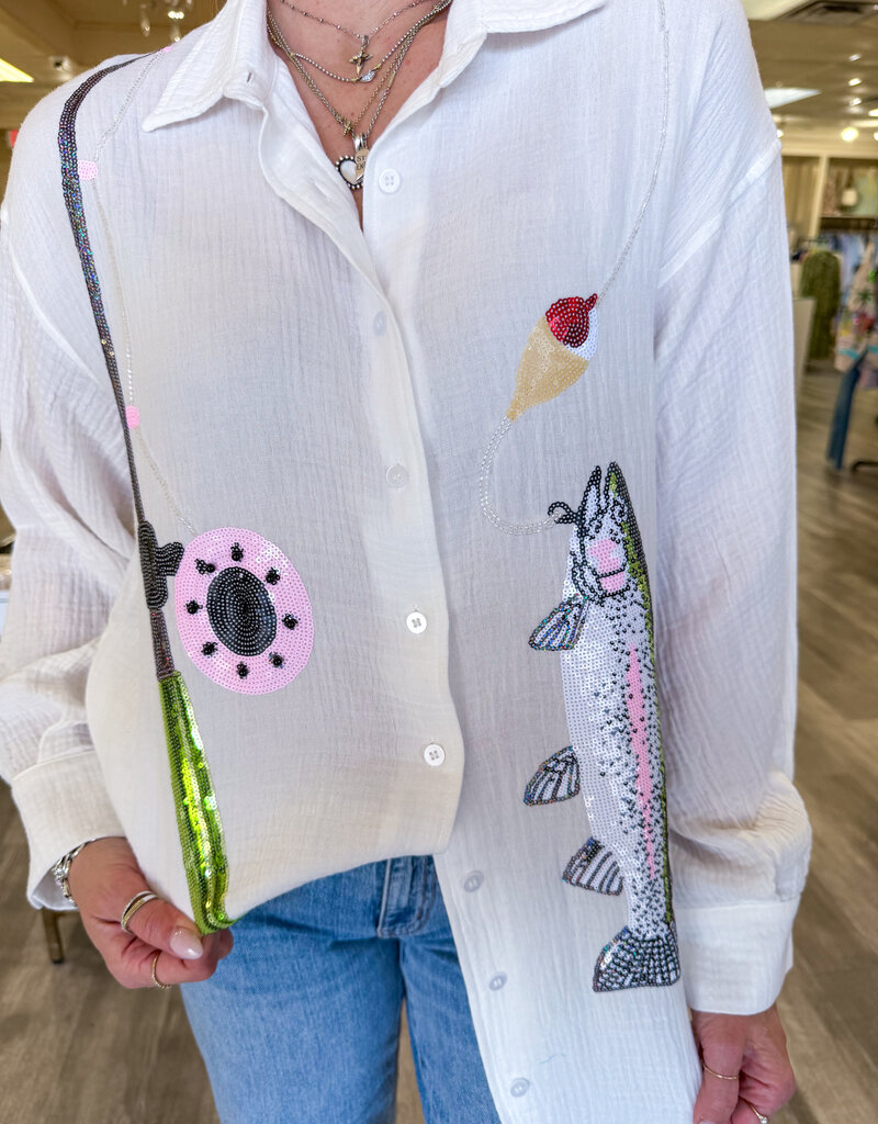 QUEEN OF SPARKLES Gone Fishin Collared Dress- White