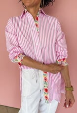 J.HOFFMAN'S Boyfriend Top- Pink Floral Trim