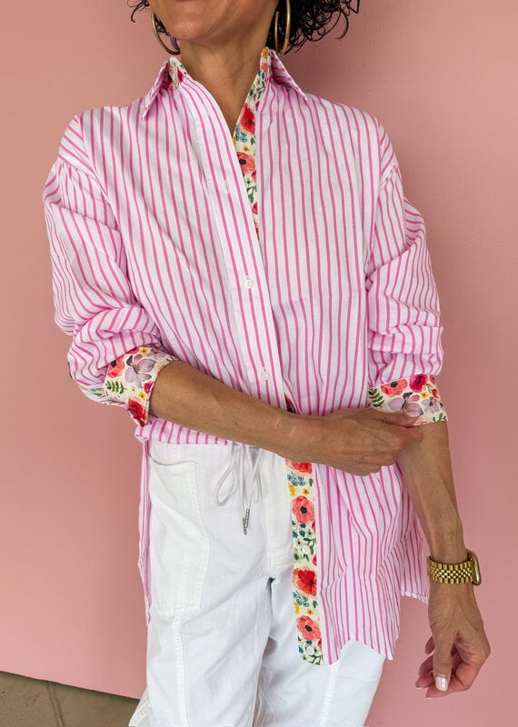 J.HOFFMAN'S Boyfriend Top- Pink Floral Trim