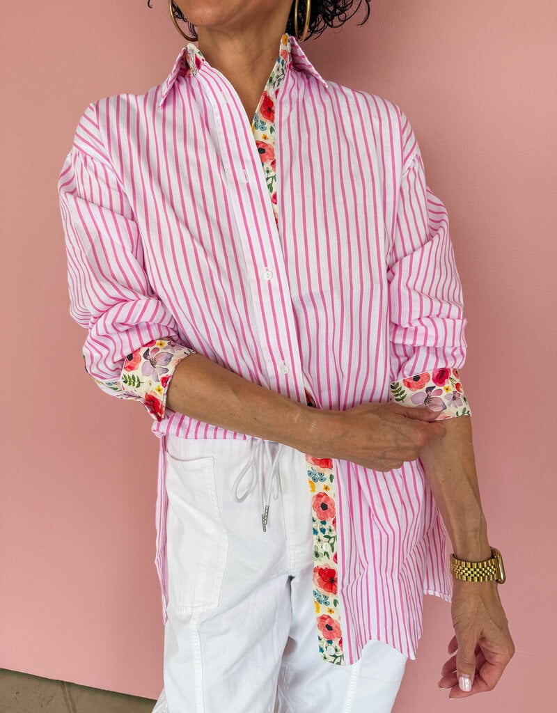 J.HOFFMAN'S Boyfriend Top- Pink Floral Trim