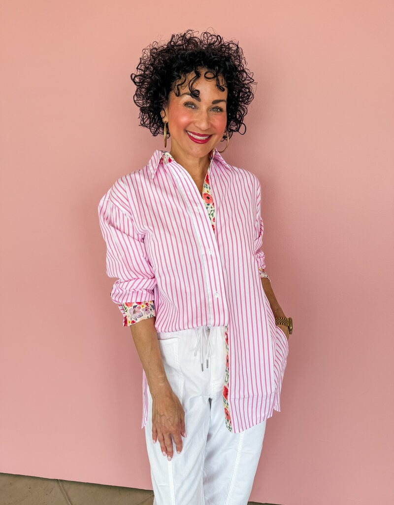 J.HOFFMAN'S Boyfriend Top- Pink Floral Trim