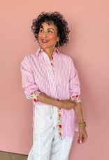 J.HOFFMAN'S Boyfriend Top- Pink Floral Trim
