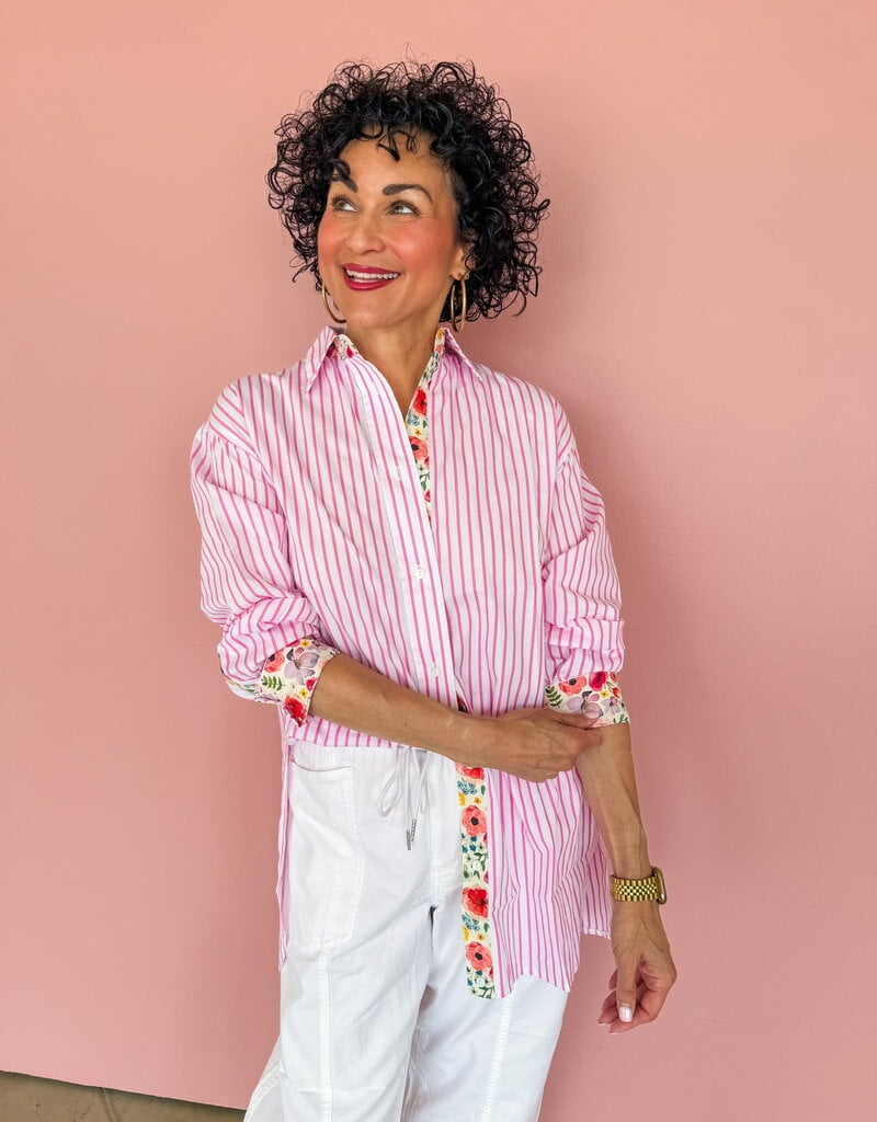 J.HOFFMAN'S Boyfriend Top- Pink Floral Trim