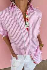 J.HOFFMAN'S Boyfriend Top- Pink Floral Trim