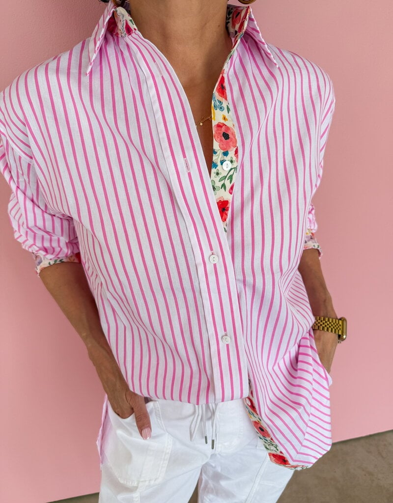 J.HOFFMAN'S Boyfriend Top- Pink Floral Trim