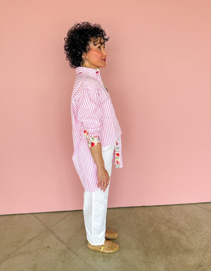 J.HOFFMAN'S Boyfriend Top- Pink Floral Trim