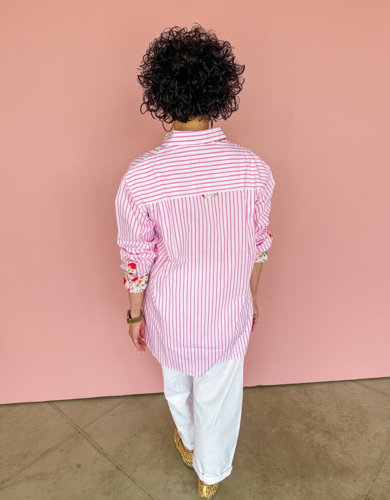 J.HOFFMAN'S Boyfriend Top- Pink Floral Trim