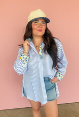J.HOFFMAN'S Boyfriend Top- Blue Floral Trim