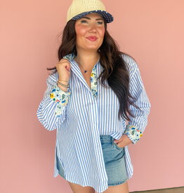 J.HOFFMAN'S Boyfriend Top- Blue Floral Trim