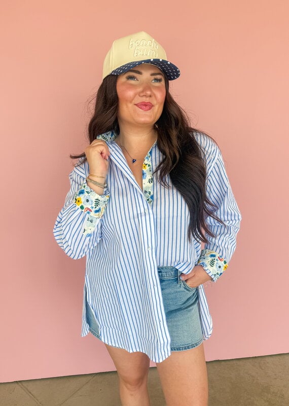 J.HOFFMAN'S Boyfriend Top- Blue Floral Trim