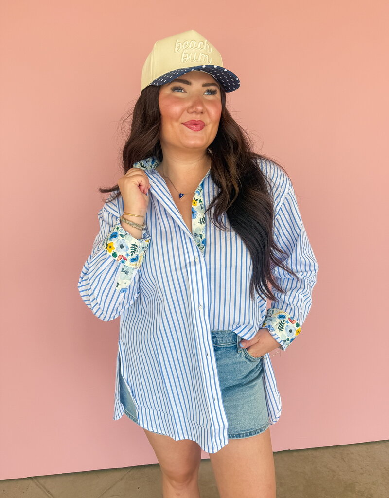 J.HOFFMAN'S Boyfriend Top- Blue Floral Trim
